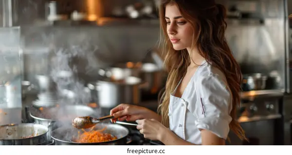 Female Chef Stirring Fresh Carrots in a Restaurant Kitchen for Carrot Soup