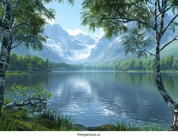 Tranquil Mountain Lake with Snow-Capped Peaks