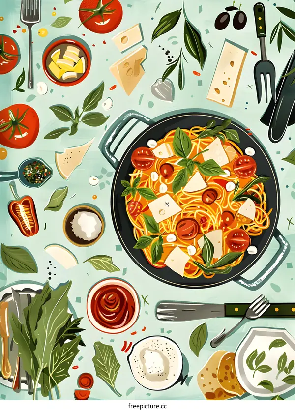 Pasta with Tomato Basil and Cheese Illustration