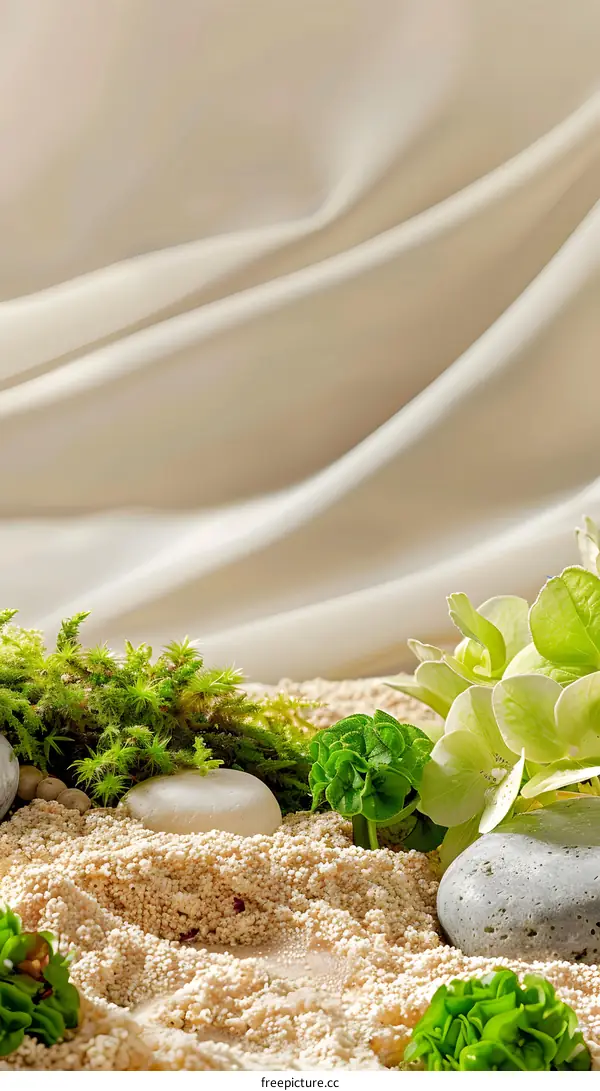Green Plants and Rocks on Sand Background