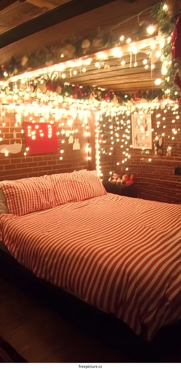 Cozy Bedroom with Christmas Lights and Brick Wall