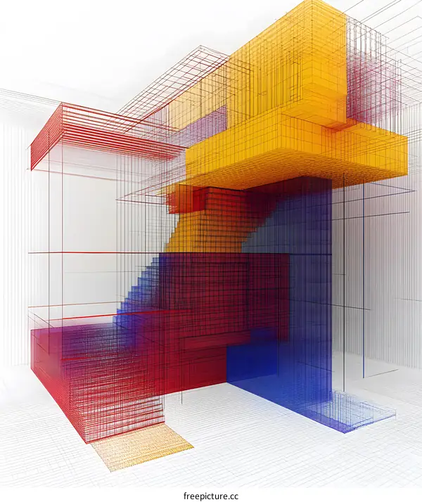 Abstract 3D Wireframe Geometric Structure with Colored Cubes