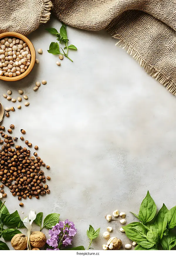 Food Background with Nuts, Seeds, and Flowers