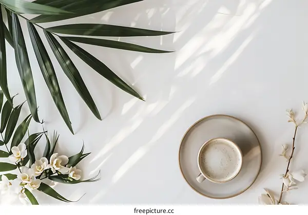 Minimalist Flat Lay with Coffee, Flowers and Leaves