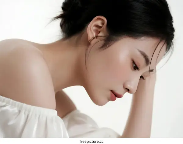 Portrait of Young Asian Woman with Black Hair in White Dress