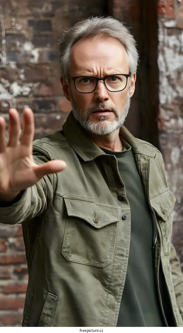 Serious Elderly Man with Grey Hair Wearing Glasses and Green Jacket