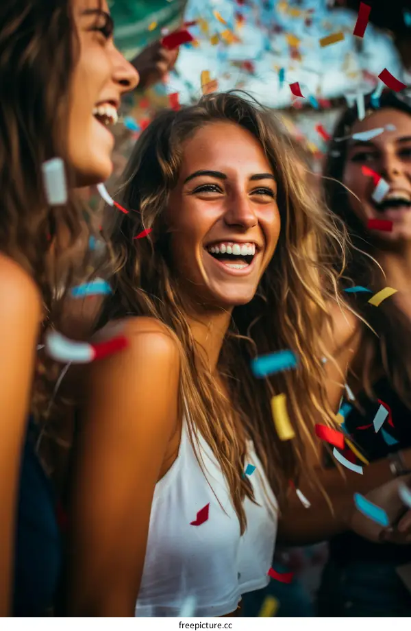 Three young women celebrating with confetti