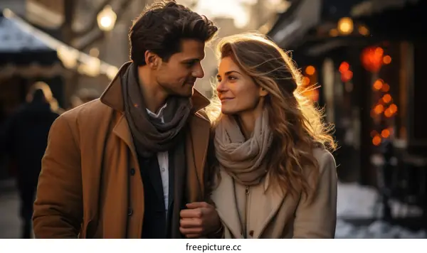 A young couple is walking down the street and smiling at each other