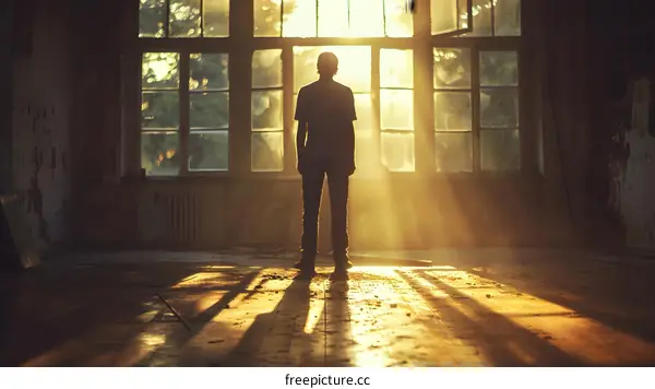 Man standing alone in an abandoned room with sunlight shining through the windows