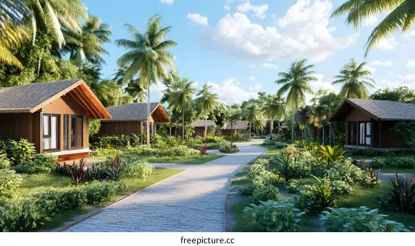 Tropical Beach Houses With Palm Trees and Lush Greenery