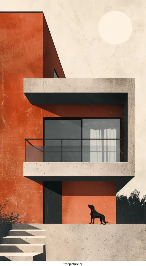 A black dog looks up at the sky in front of a modern house