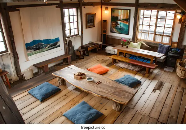 Japanese Style Living Room With Wooden Floor and Cushions