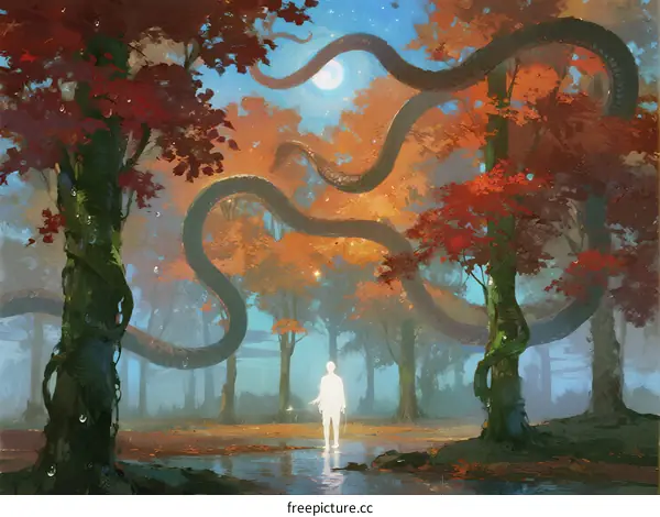 Mysterious Forest with Enchanted Snake and Human Figure Under Moonlight