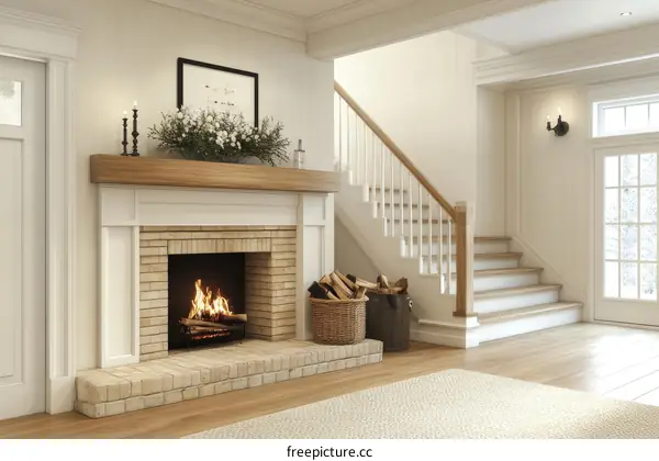 Cozy Farmhouse Entryway with Fireplace and Stairs