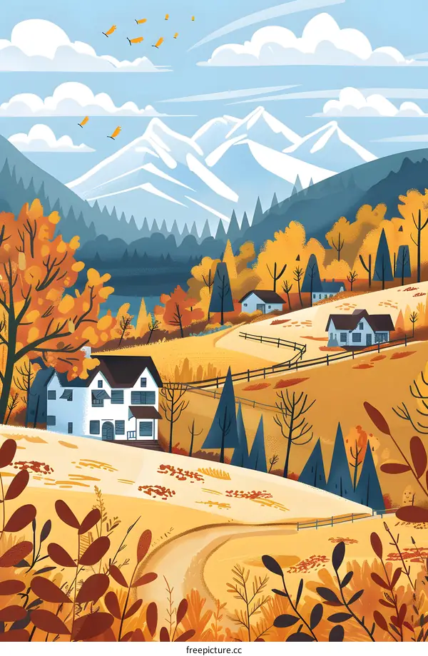 Autumn Landscape With Houses And Mountains