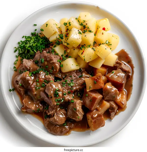 Plate of Beef Stew with Potatoes and Herbs