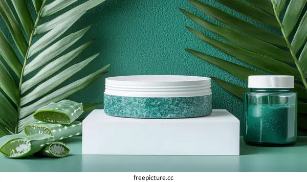Green Skincare Product Display with Aloe Vera