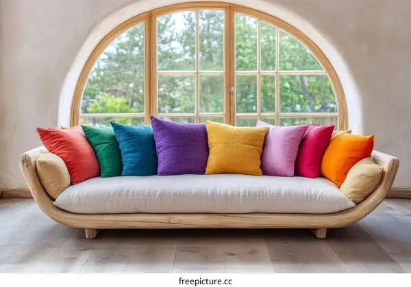 Colorful Cushions on a Wooden Sectional Sofa