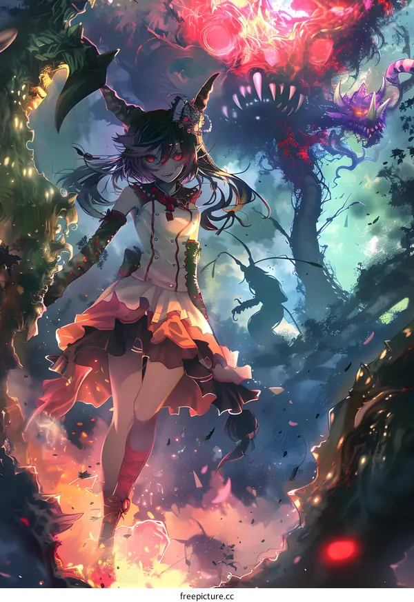 Fantasy Art Illustration of a Demon Girl with Horns in Battle