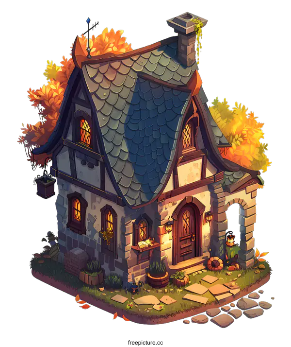 [Transparent Background PNG]Stone Cottage with Autumn Leaves and a Garden