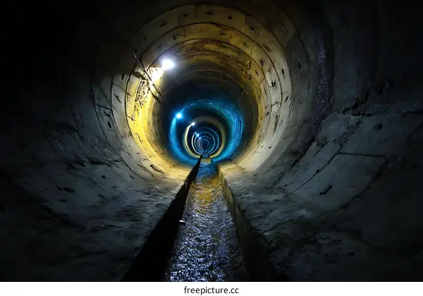 Dark Concrete Tunnel with Waterway