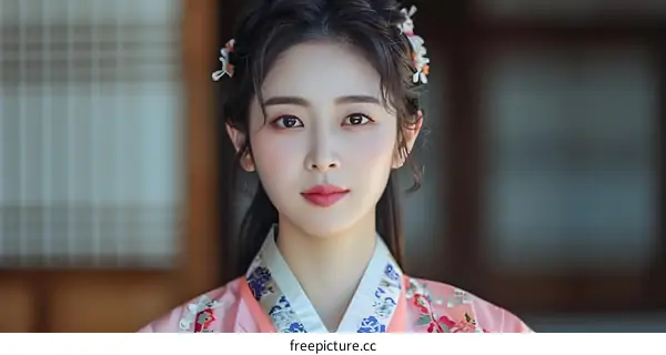Portrait of a beautiful young Korean woman in traditional dress, or Hanbok
