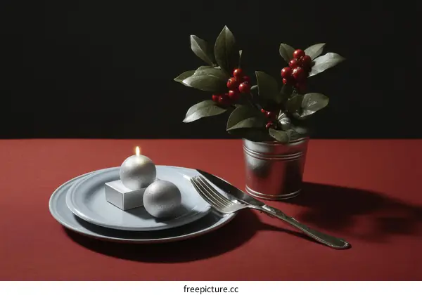 Elegant Festive Table Setting with Candles and Berries