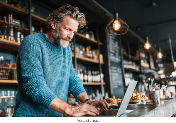Mature Caucasian Man Working on Laptop in Cafe