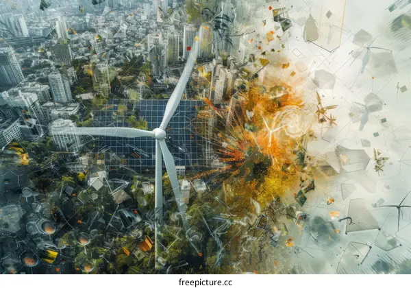 Artistic representation of a city powered by renewable energy sources such as wind and solar