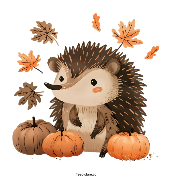 [Transparent Background PNG]Cute Hedgehog With Pumpkins And Autumn Leaves Illustration