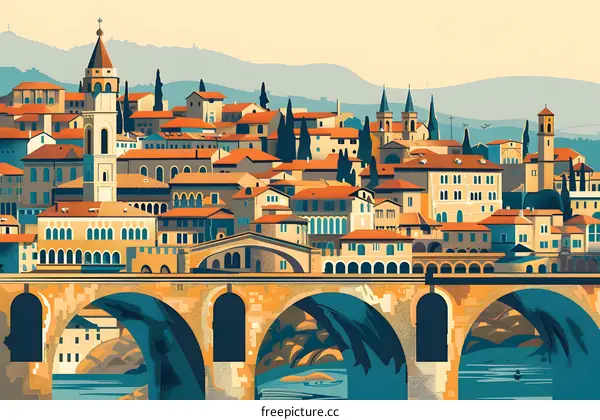 Stone Bridge and Cityscape in Italy