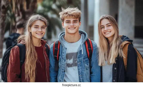 Three Teenagers Smiling Outdoors