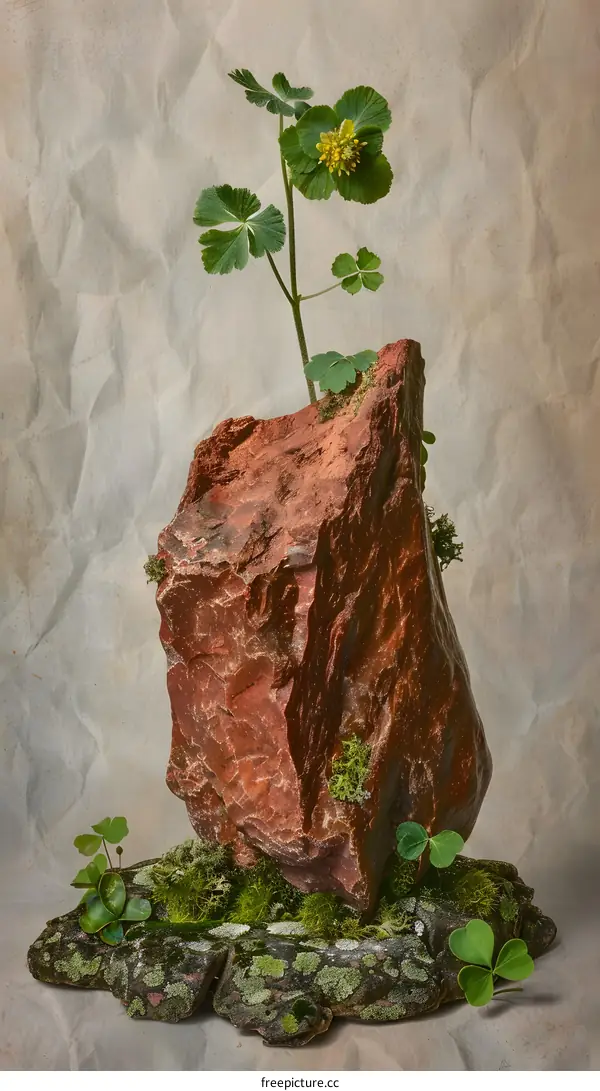 Red Rock and Green Plant on Crumpled Paper Background