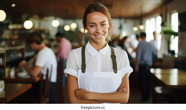 Portrait of a smiling waitress standing in a restaurant with arms crossed