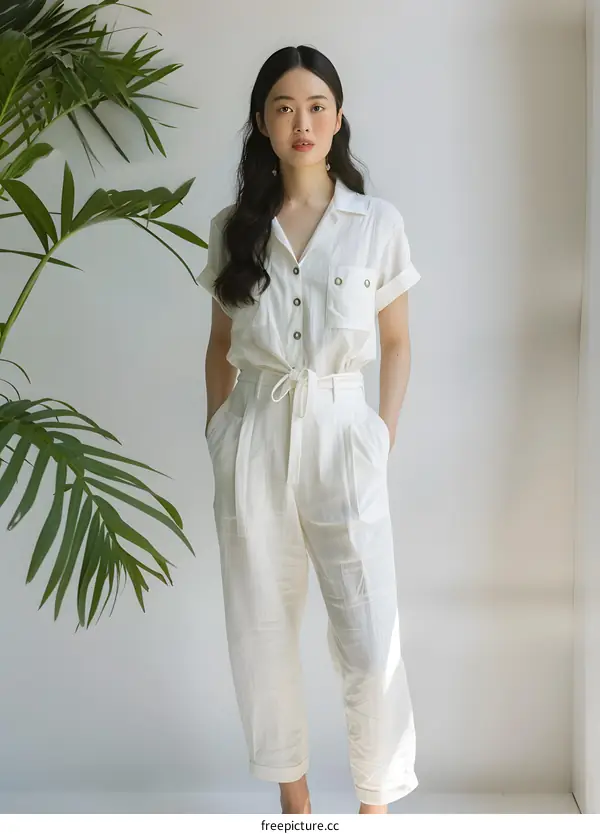 Woman in White Jumpsuit with Green Plant Background