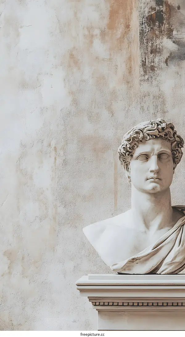 Ancient Marble Bust Sculpture on a Pedestal Against a Wall