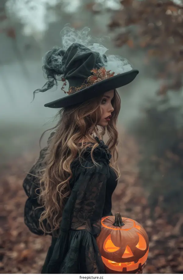 A witch wearing a black hat and holding a pumpkin in the forest