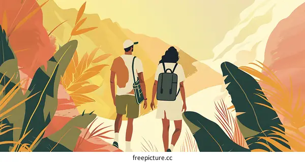 Couple Walking Through Tropical Forest Landscape Illustration