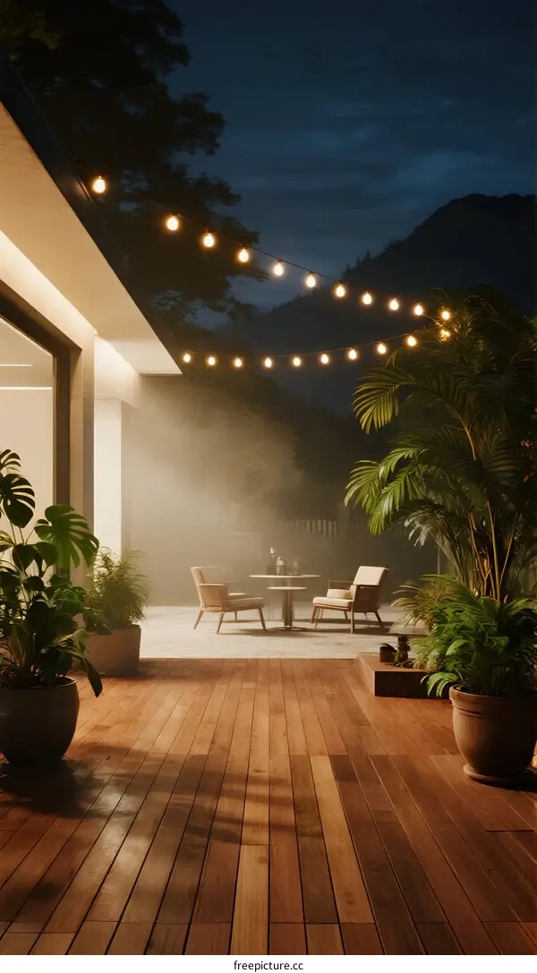 Evening Outdoor Deck with String Lights and Potted Plants