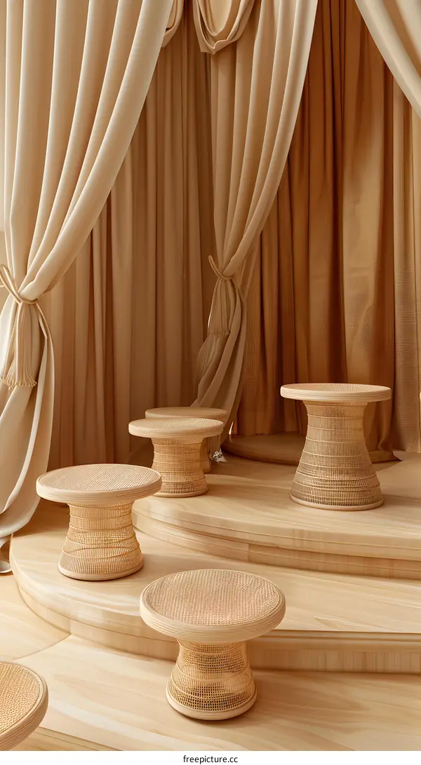 Wooden Stools and Tan Curtains in a Minimalist Room