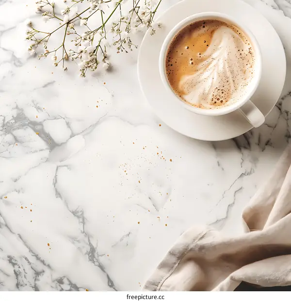Coffee Cup on Marble Surface with White Flowers