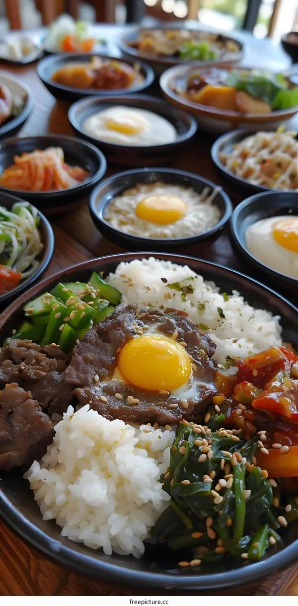 A variety of Korean side dishes and a bowl of rice with beef and egg