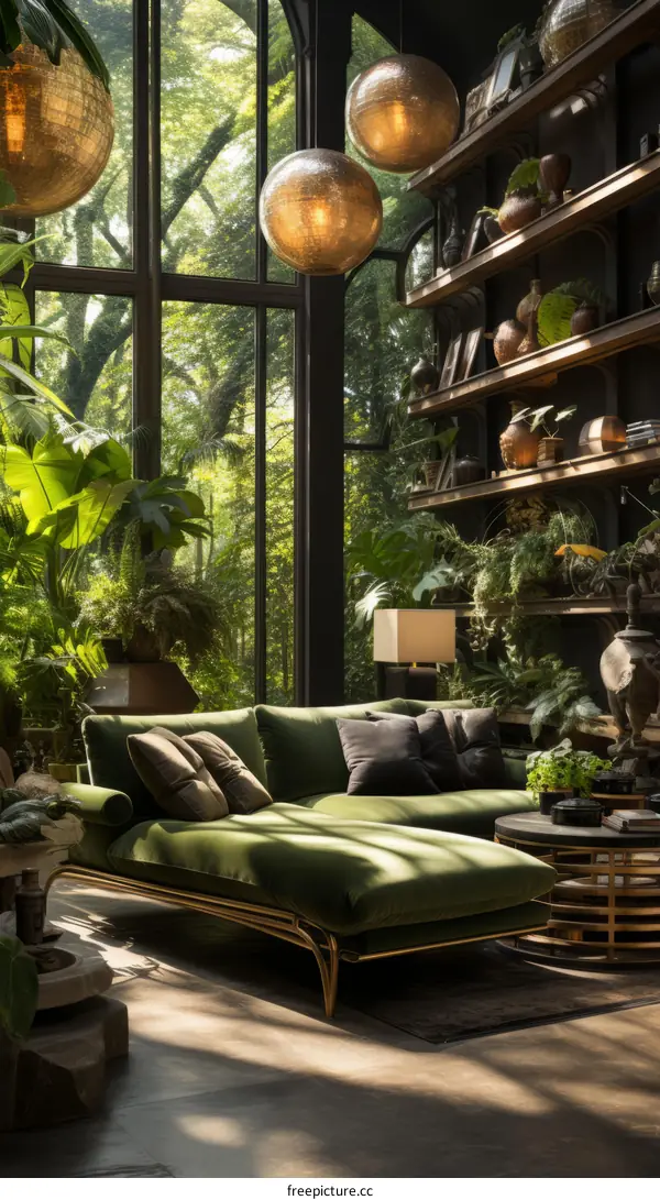 Modern Green Living Room with Large Window and Comfortable Sofa