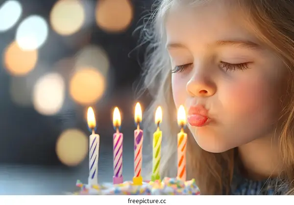 Little Girl Blowing Out Birthday Candles on Cake