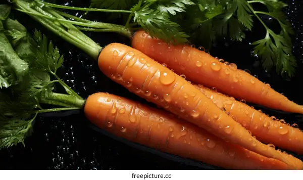 Fresh organic carrots with green leaves on black background
