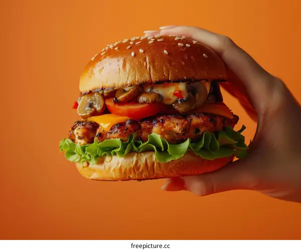 Juicy Chicken Burger with Mushrooms, Tomatoes, and Lettuce