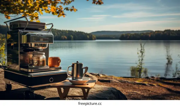 coffee machine on a wooden table near a lake