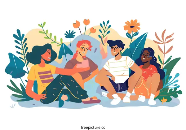 Group of diverse friends sitting together in a garden