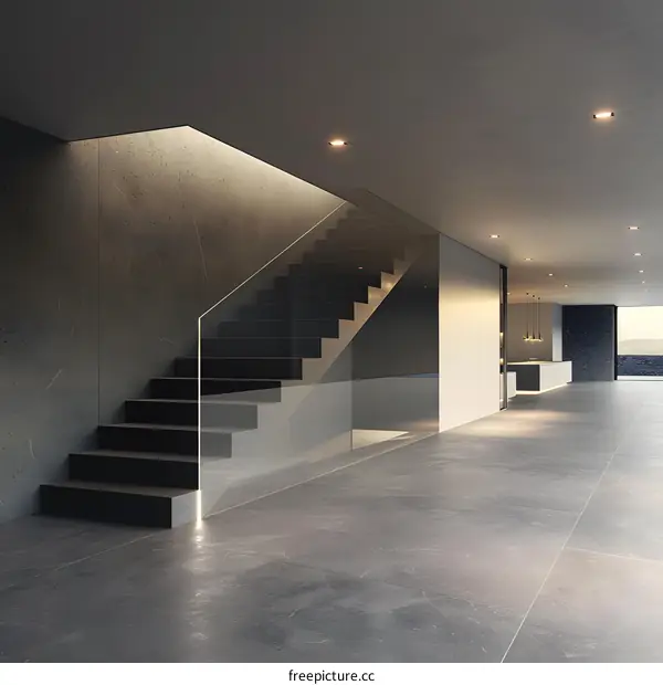 Modern Minimalist Interior Design with Concrete Stairs and Glass Railing