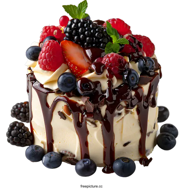 [Transparent Background PNG]A delicious cake with fresh berries and chocolate
